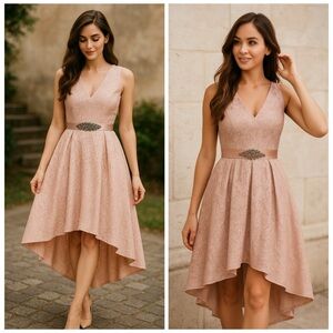ELIZA J Blush Pink Lace High Low Midi Cocktail Dress Belted Size 8